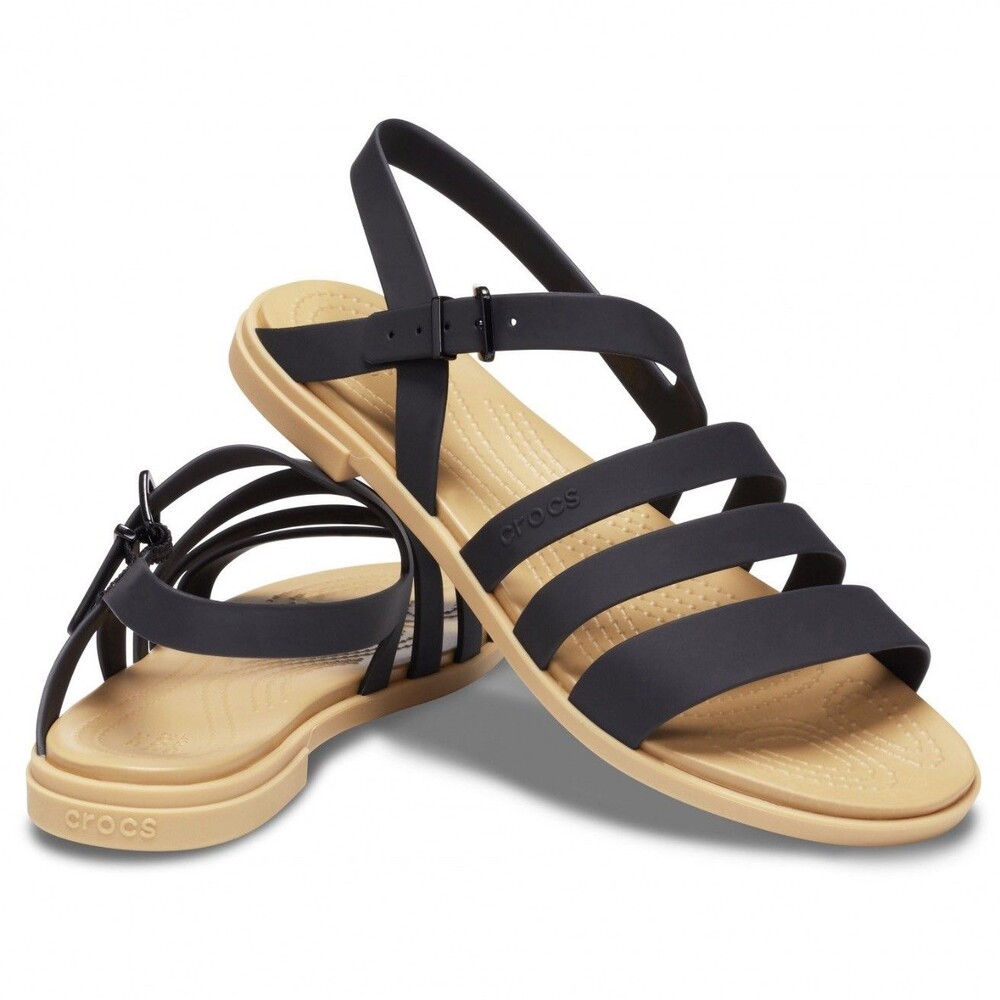 Crocs Tulum Strappy Sandal Black Tan Womens Size 9 Flat Buckle
